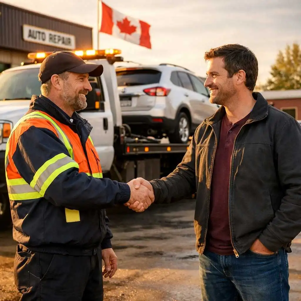 Tow operator and driver beside a loaded flatbed tow truck